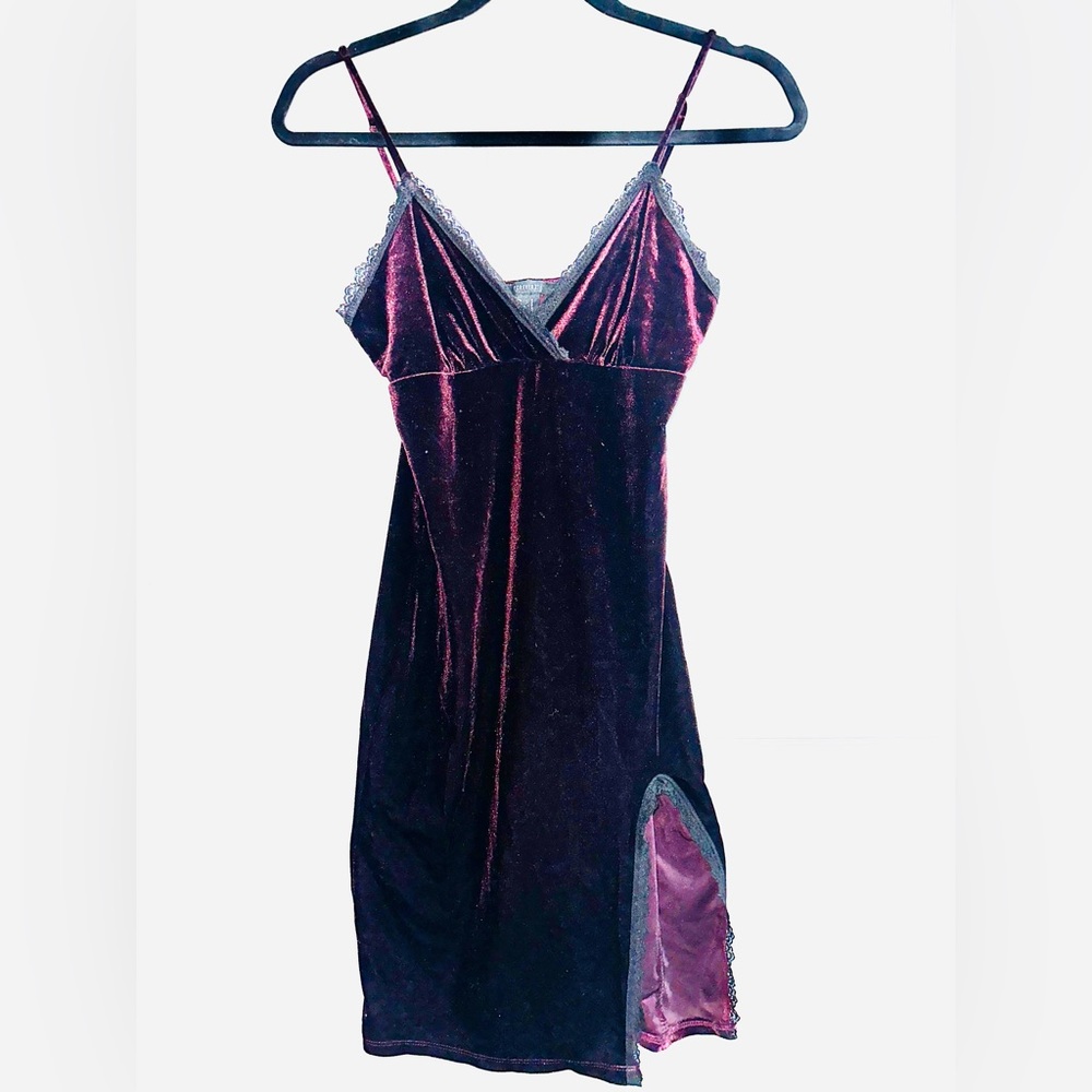 Forever 21, dark purple with slit on the thigh & black lace.